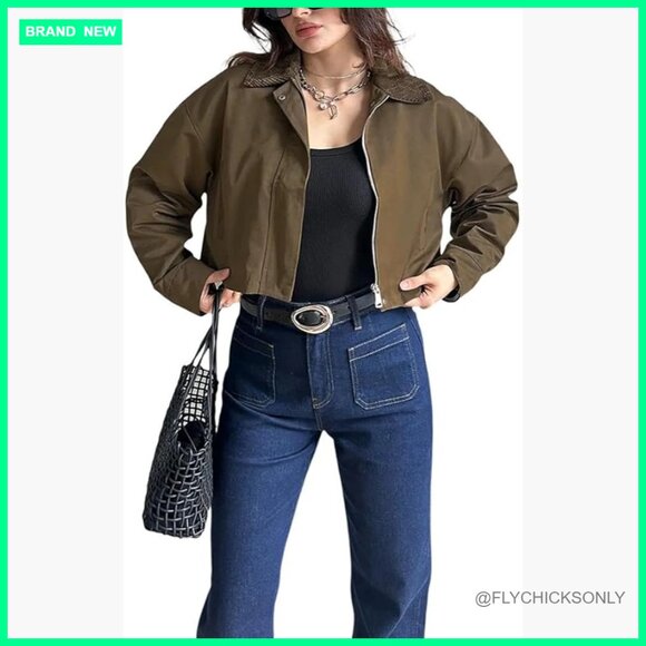 Polyester Cropped Bomber Jacket Long Sleeve Casual Outerwear